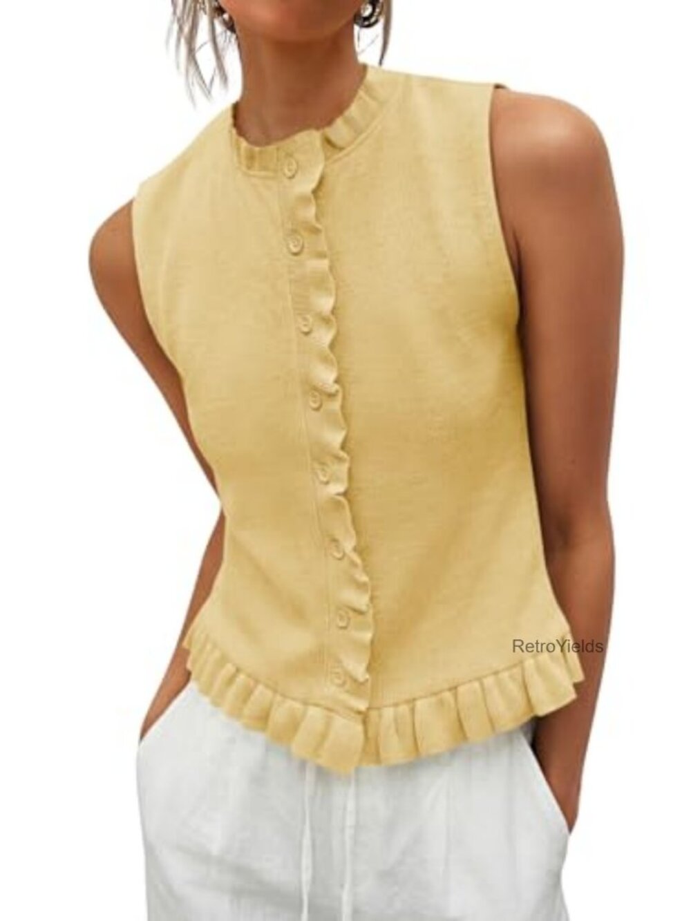 Sleeveless Ruffle Knit Sweater Vest Tank Top Button Down Summer